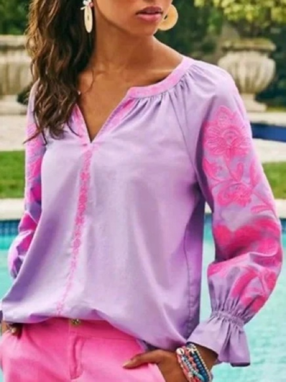 Lilly Pulitzer Revina Cotton Embroidered Tunic Puff Sleeve Top | L